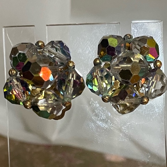 Vintage Art Deco AB Crystal Clip On Earrings - Picture 3 of 9